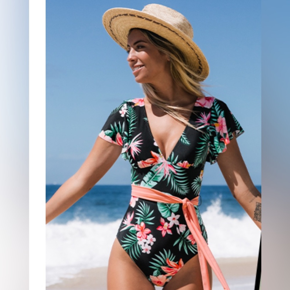 CUPSHE Black Tropical Floral One-Piece Peach Tie Swimsuit L NWT - Picture 2 of 3